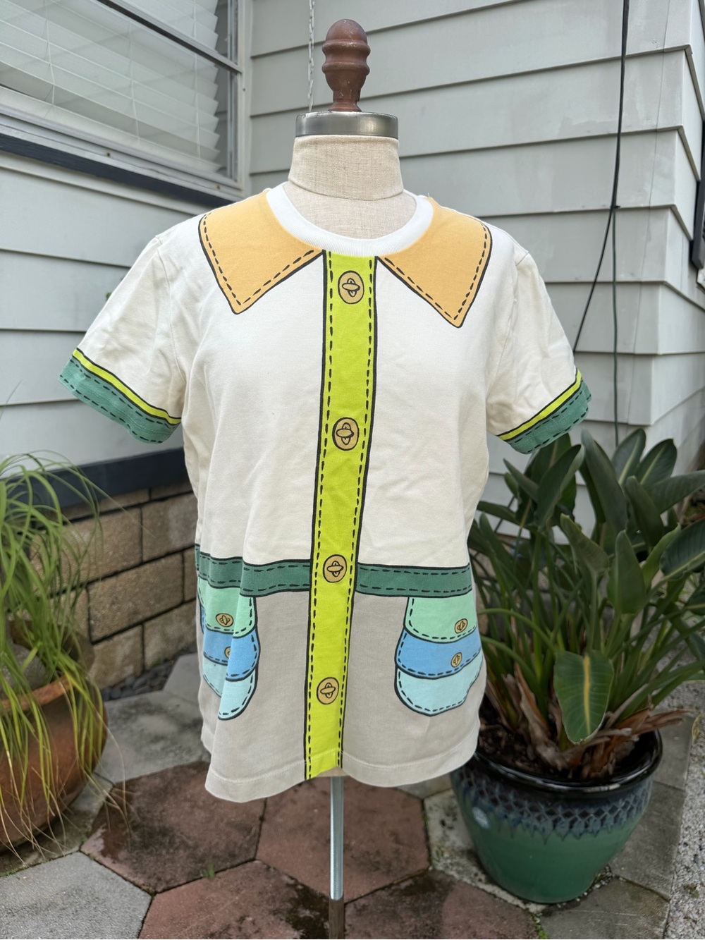 Coach Cream Short Sleeve Tee with Yellow Collar and Lime Placket